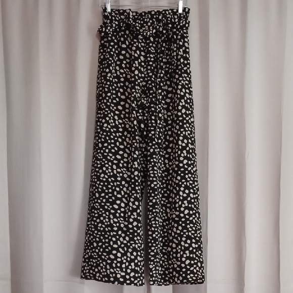 Alya Pants - Alya Black And Cream Spotted High Waisted Paperbag Wide Leg Palazzo Pants Size S